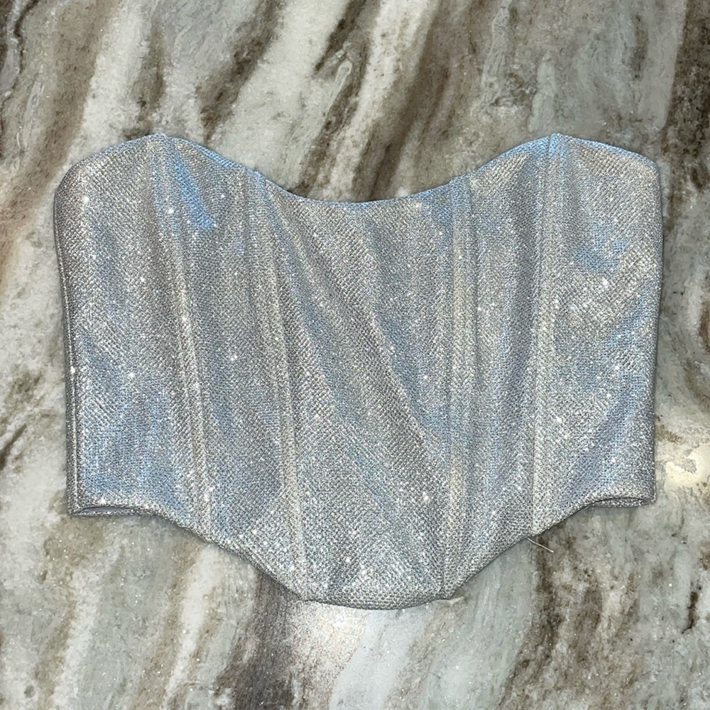 white fox silver glitter shine bright bustier strapless crop top - Picture 2 of 6